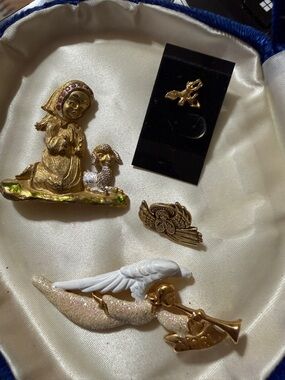 Vintage Gold-Tone Religious and Angel Pin Lot - 4 pc White Accents one marked